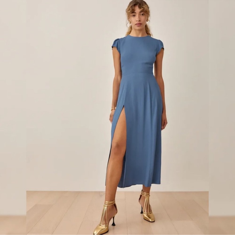 Reformation Blue Midi Dress with Side Slit